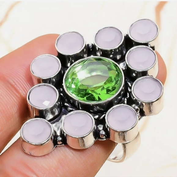 New Oversized Tsavorite and Pink Chalcedony 925 Silver Statement Ring. - Picture 13 of 13
